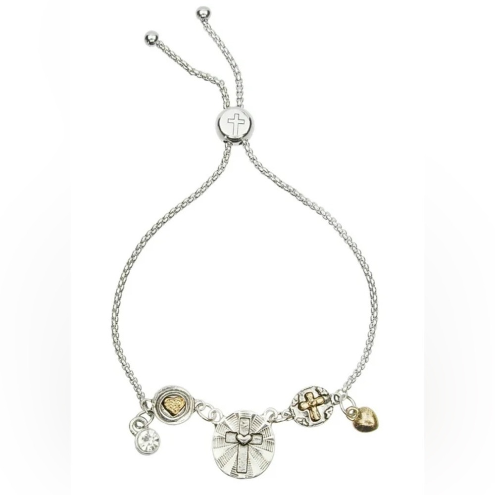 New Platinum and Yellow Gold Plated 18k FAITH Bolo Charm Slide Bracelet